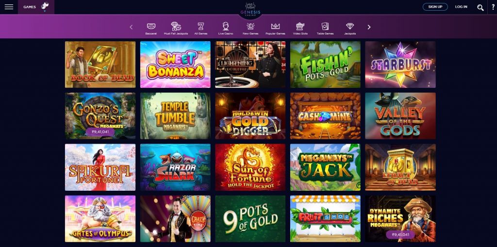 Selection of casino games at Genesis