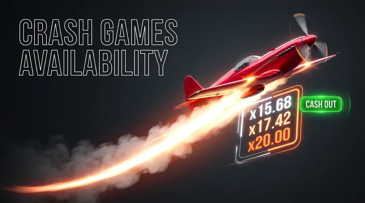 Ascending plane and multiplier badge, showcasing crash games availability.