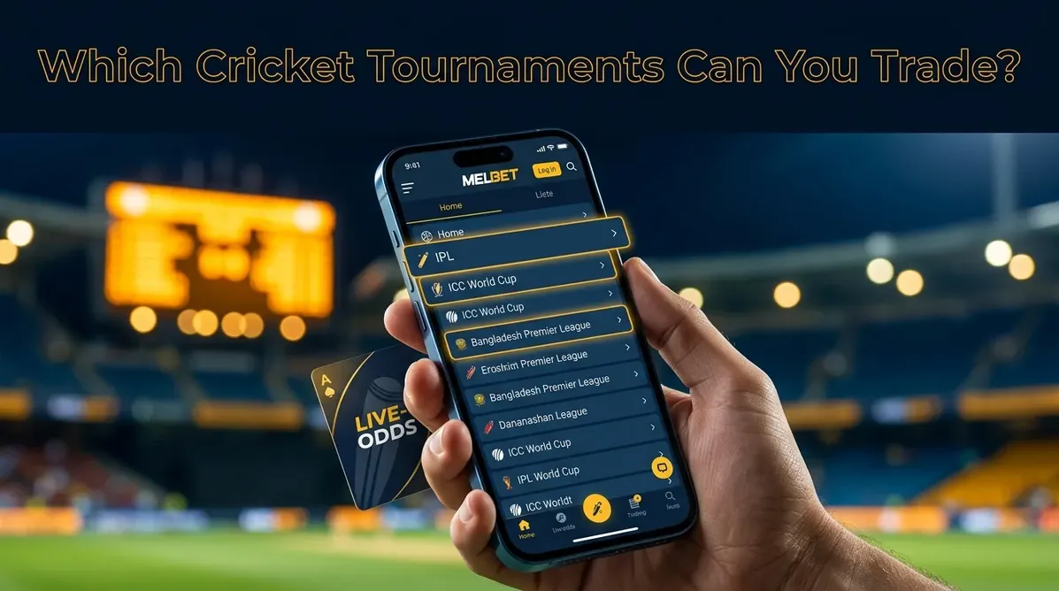 A hand holding a smartphone displaying available cricket tournaments.