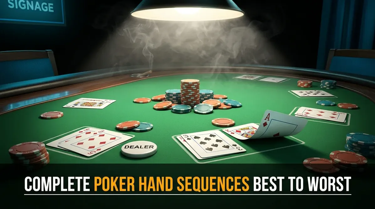 Poker hands sequenced on a casino table
